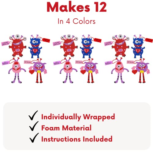 4E&#x27;s Novelty Valentines Monster Craft Ornament (12 Pack) Foam Valentines Day Crafts for Kids Classroom DIY Activity Bulk - Individually Wrapped