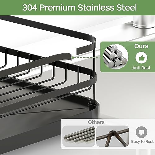 16.9&#x22;(L) x 12.2&#x22;(W), Black Dish Drying Rack, Stainless Steel Rustproof Dish Rack for Kitchen Counter, Durable Dish Drainer with Drainboard, Drainage, Utensil Holder for Various Kitchenware