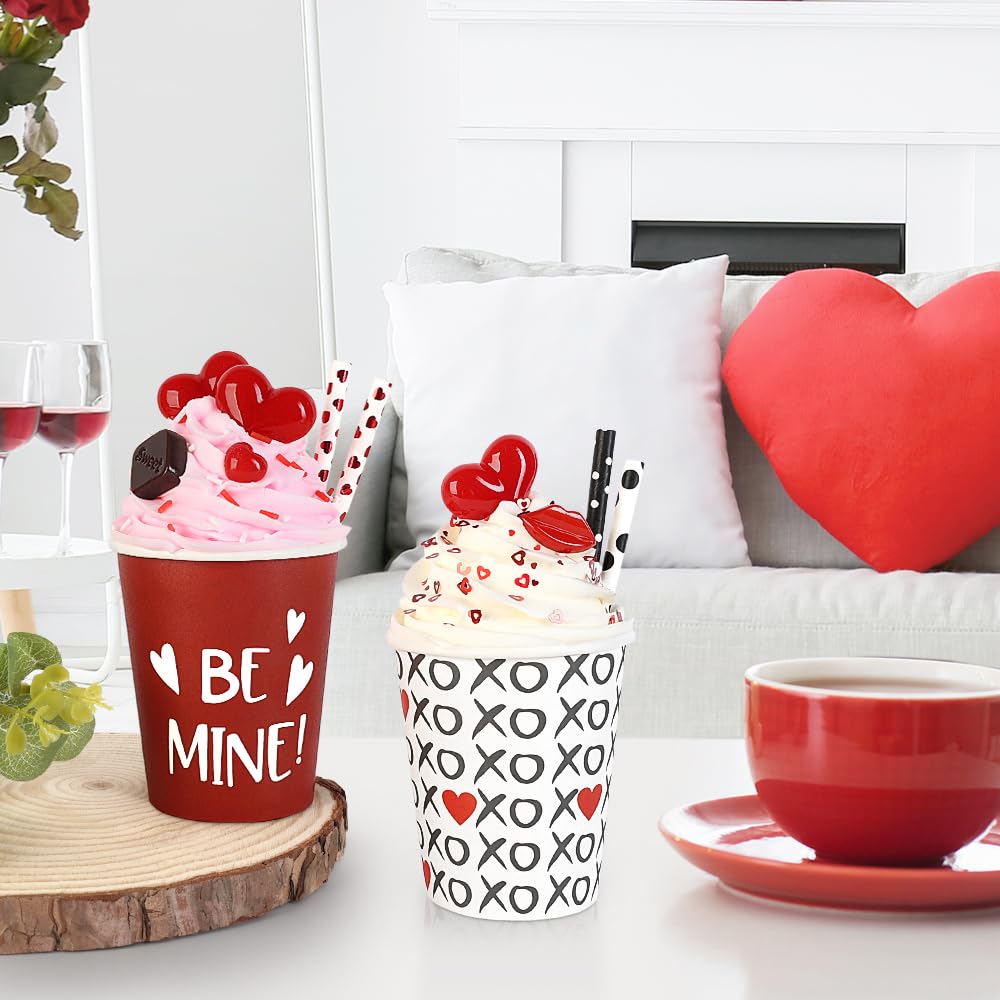 AKEROCK Valentines Day Decor, 2 PCS Paper Cups Filled with Artificial Whipped Cream for Table, Tiered Tray, Kitchen Coffee Bar - Valentines Day Decorations for the Home