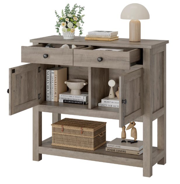 Farmhouse Console Table with 2 Drawers and Doors Gray Foyer Table with Wood Coffee Bar Sideboard for Entryway Dining Room