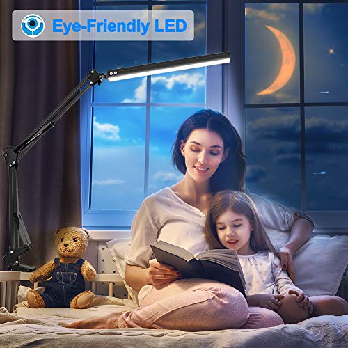 LED Desk Lamp for Home,Office,Reading,Adjustable Eye-Caring Desk Light with Clamp,Swing Arm Lamp Includes 3 Color Modes,10 Brightness Levels Table Lamps with Memory Function(Black)