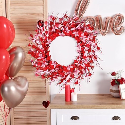 Artificial Pink Forsythia Wreath Spring Summer Fake Foam Flower Handmade Wreath with Pink Red Forsythia for Gifts 20in Valentine&#x27;s Day Wreath Farmhouse Front Door Window Decor Festival
