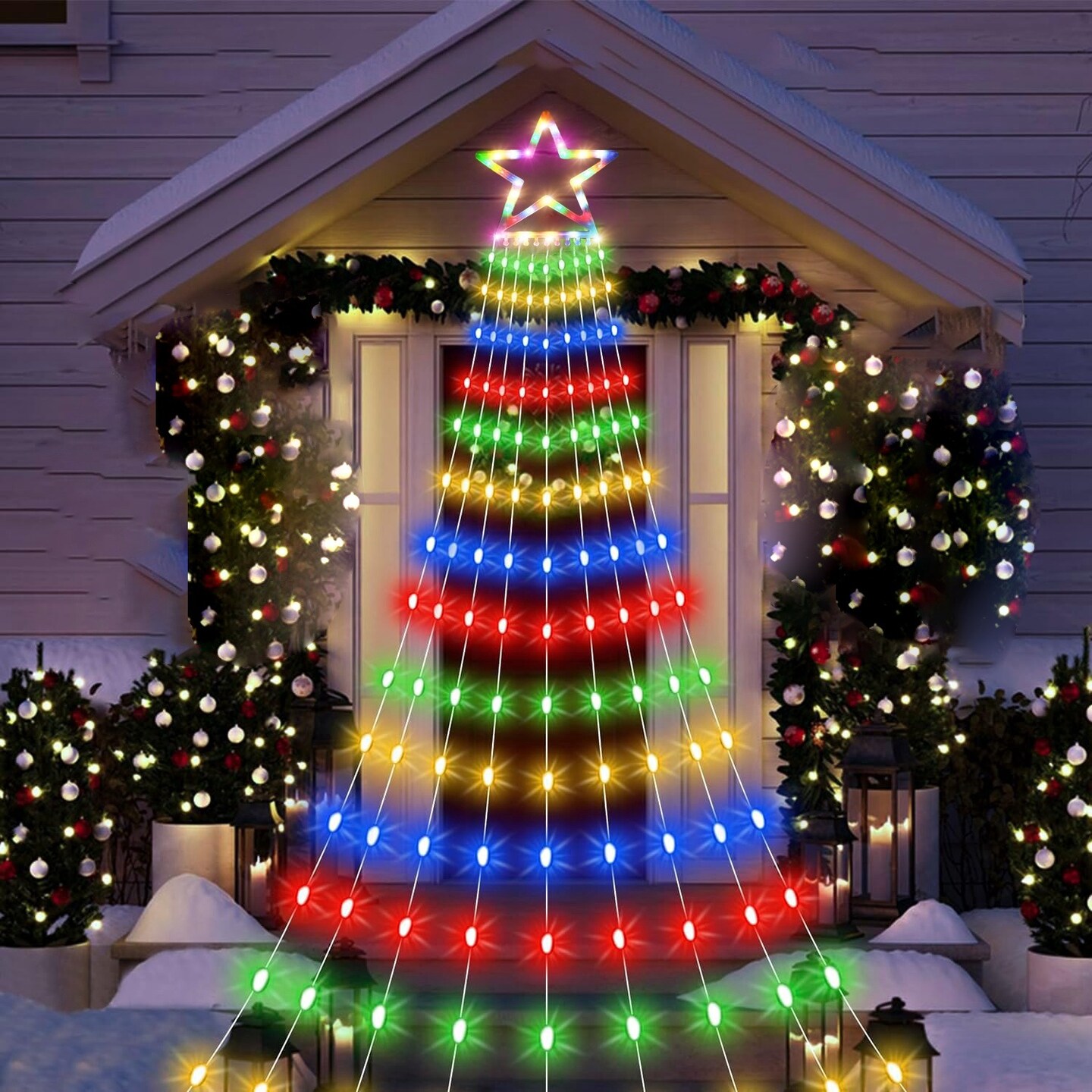 Christmas Hanging Waterfall String Light with Topper Star with 8