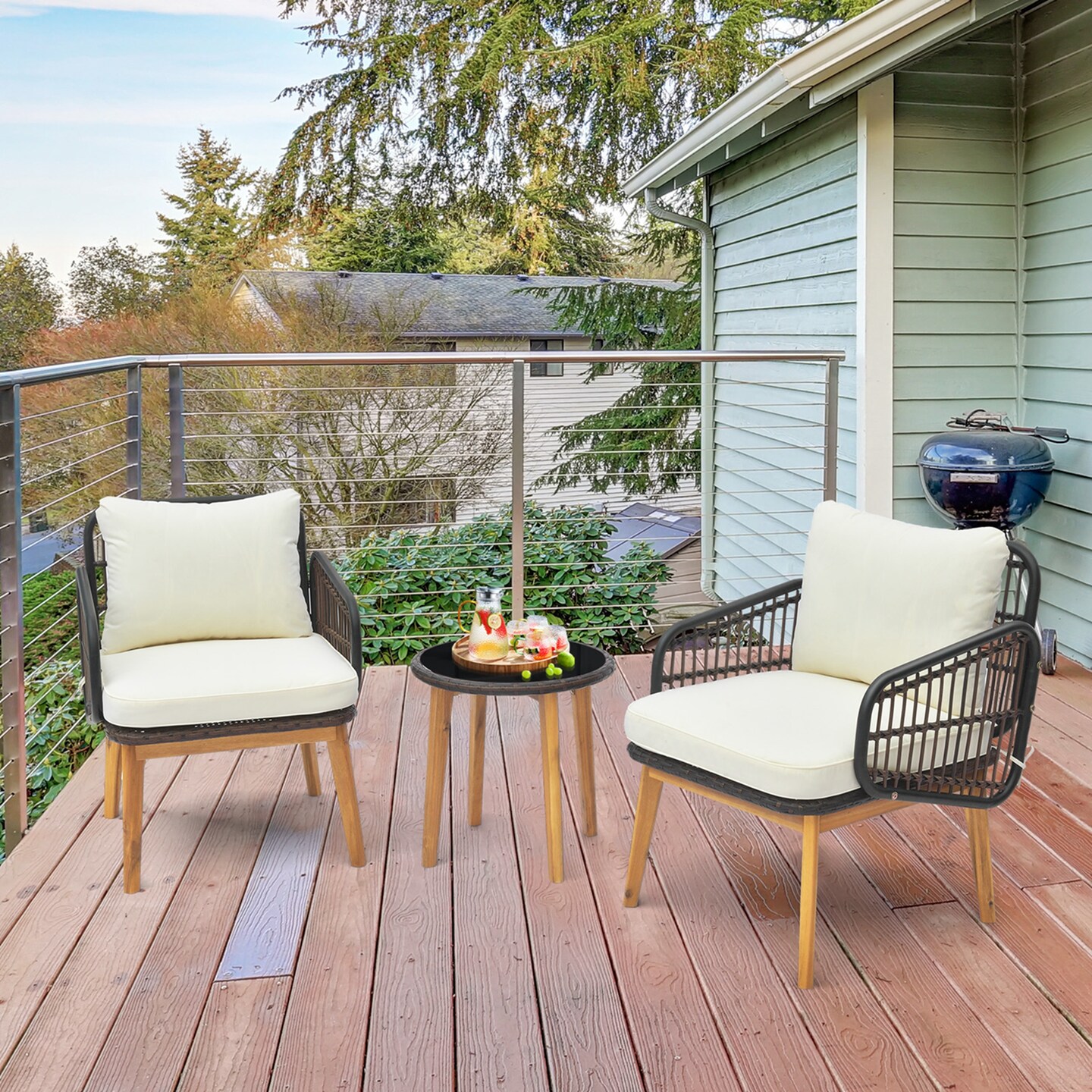 Costway 3 PCS Patio Furniture Set with Cushioned Chairs and Tempered Glass Side Table