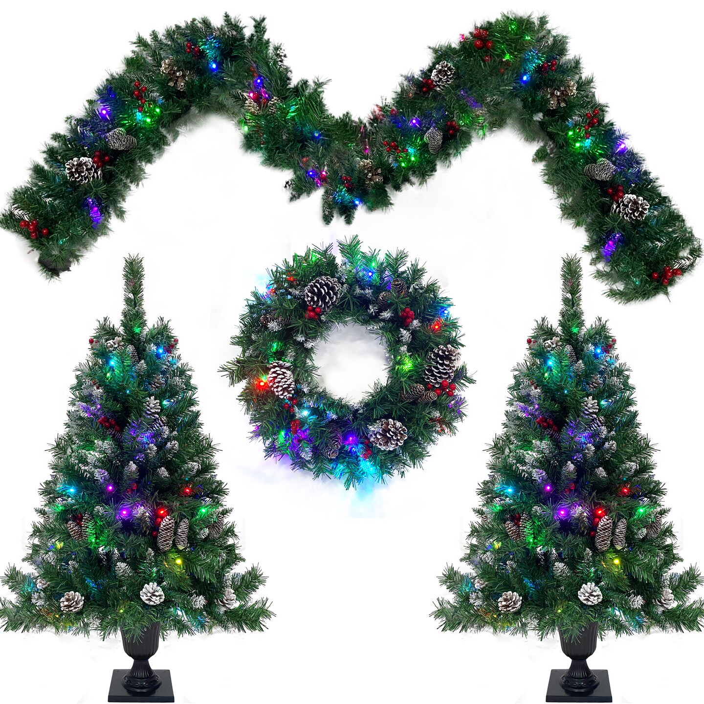 Pre-lit Xmas Tree Artificial Christmas 4-Piece Set; Garland;  Wreath and Set of 2 Entrance Trees X-mas