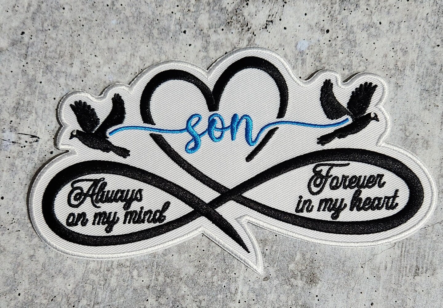 Memorial Infinity Collection: Patch Party Club, &#x22;SON&#x22; Eternal Remembrance 1-pc, Iron-On Embroidered Patch, Sz 6&#x22;, Tribute Honoring Loved One