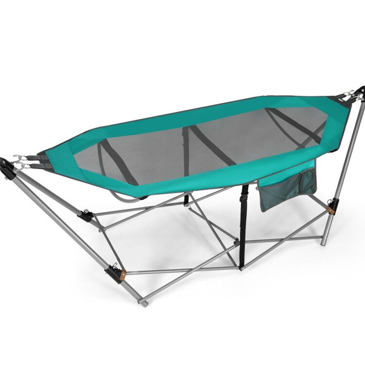 Outdoor Folding Hammock Bed with Breathable Fabric Metal Frame and Side Pocket Storage
