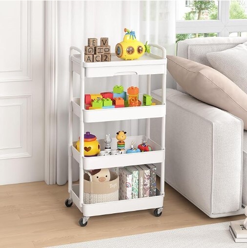 White 4-Tier Rolling Cart with Drawer, Kitchen Storage Organizer with Plastic Shelf and Metal Wheels, Suitable for Living Room, Kitchen, Office, and Bathroom.