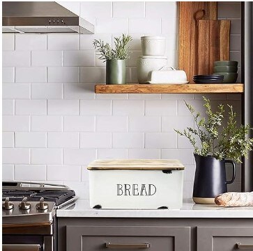 Metal White Loaf of Bread Storage Container Large Vintage Bin Retro Rustic Counter Breadbox Farmhouse Bread Box for Kitchen Countertop