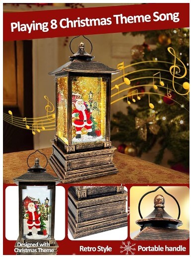 Lantern with Lighted Christmas Snow Globe Swirling Glitter Santa Claus Musical Snow Globe with 8 Songs and Timer USB/Battery Operated