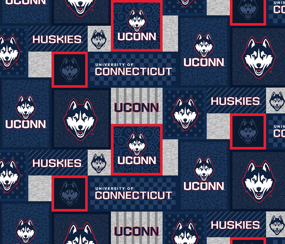 Sykel Enterprises-University of Connecticut Fleece Fabric-UCONN Huskies&#xA0;College Patch Fleece Blanket Fabric-Sold by the yard