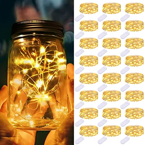 litogo 24 Pack Fairy Lights Battery Operated, 7ft 20 LED Fairy Lights Waterproof Silver Wire Twinkle Lights, Mini Fairy Lights for Mason Jars for DIY Wedding Party Christmas Bedroom, Warm White