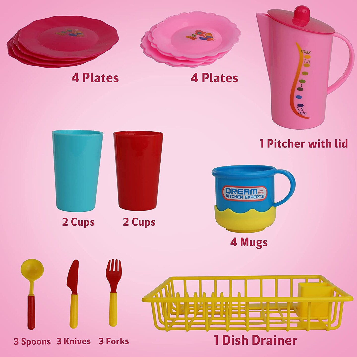Kids and Toddler Play Dishes with Drainer, Play Kitchen Accessories 28 Piece Set, Kitchen Plastic Toys, Toy Plates and Dishes for Kids Kitchen Set