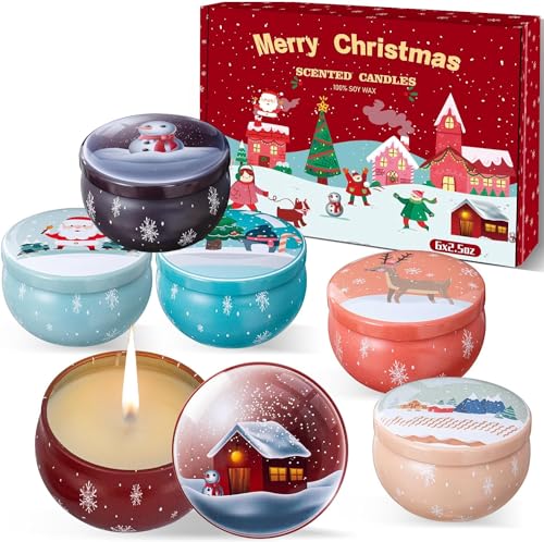 6 Pack  Christmas Scented Candles Gifts for Women, Scented Candles Gift Set, Natural Soy Wax Xmas Aromatherapy Scented Candles, Tin Jar Candles for Stress Relief