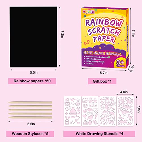 60 Pieces Rainbow Magic Scratch Off Art Crafts Set Supply Drawing Note Kit for Girls Boys Toddler Party Favor Activity Game Birthday Christmas Easter Toy Gift