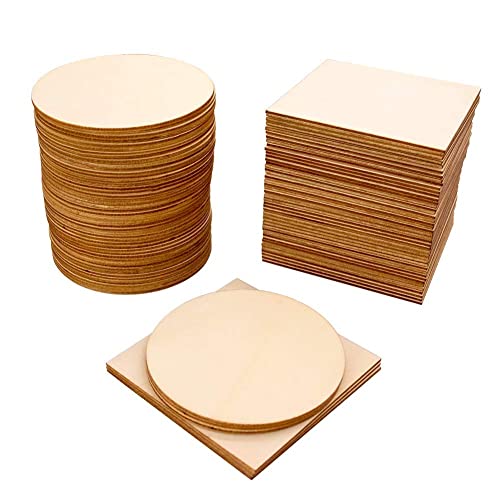 100 Pieces of Unfinished Wood Chips 4x4 inch Blank Wood Chips for Handicrafts Home Decoration Wooden Coasters and DIY Crafts 50 Pcs Wood Squares and 50 Pcs Wood Circles