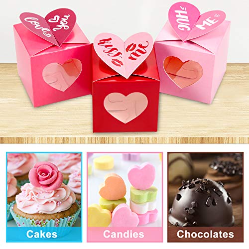 24 Pieces Valentine's Day Treat Boxes Red Rose Red Pink Heart Cardboard Box with Window 3 Inch Valentines Gift Container with Instruction for Goodie Cookie Candy Sweet Crafts Party Favor Supplies
