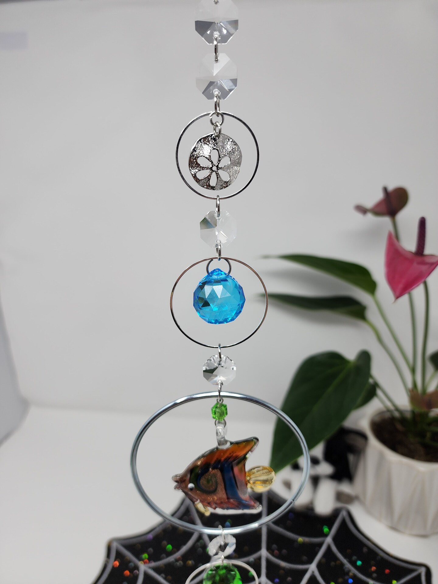 Fish crystal Suncatcher: Beaded, wire wrapped, home and garden