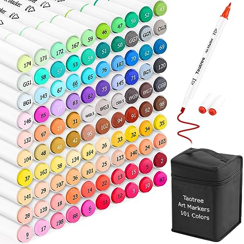 Taotree Alcohol Markers - 101 Color Dual Tip Artist Pens for Adult Coloring Books, Painting, Drawing, Sketching
