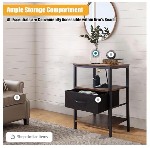 Nightstand with Charging Station, 3-Tier Storage Shelf, Vintage Brown, Side Table for Bedroom, Dorm, Bedside End Table with USB Ports and Outlets, Night Stand with Fabric Drawer