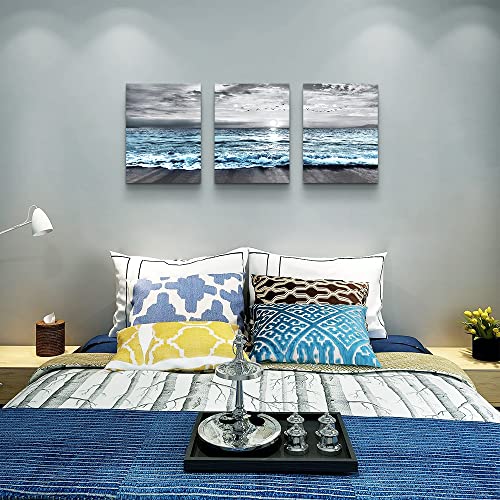 3 Piece Wall Decorations For Living Room Framed Canvas Wall Art For Bedroom Office Wall Decor Black And White Wall Painting Blue Ocean Sea Wave Pictures Artwork For Modern Beach Posters Home Decor