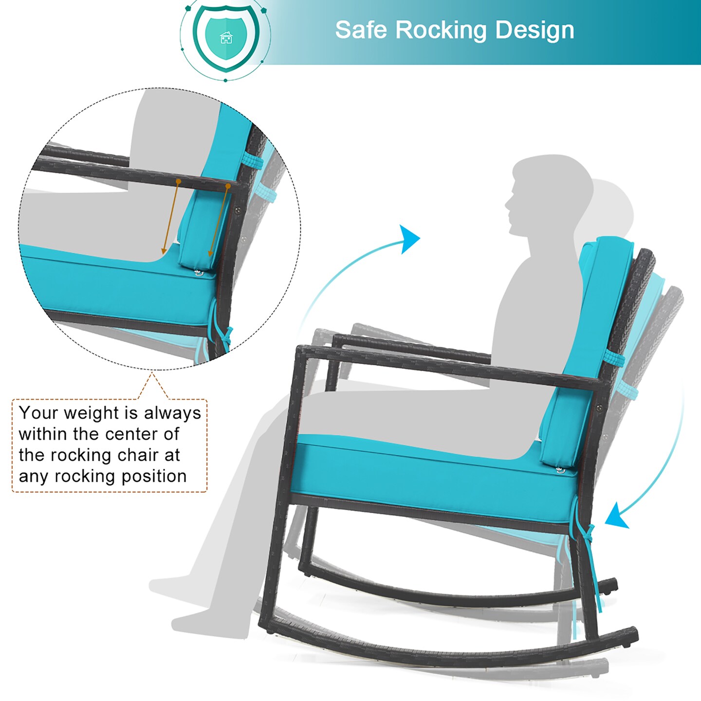 Costway Patio Rattan Rocker Chair Outdoor Glider Rocking Chair Cushion Lawn Turquoise