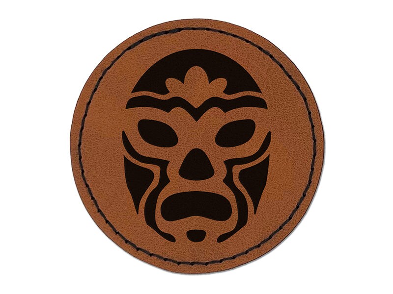 Luchador Mexican Wrestler Mask Lucha Libre Round Iron-On Engraved Faux Leather Patch Applique - 2.5&#x22;