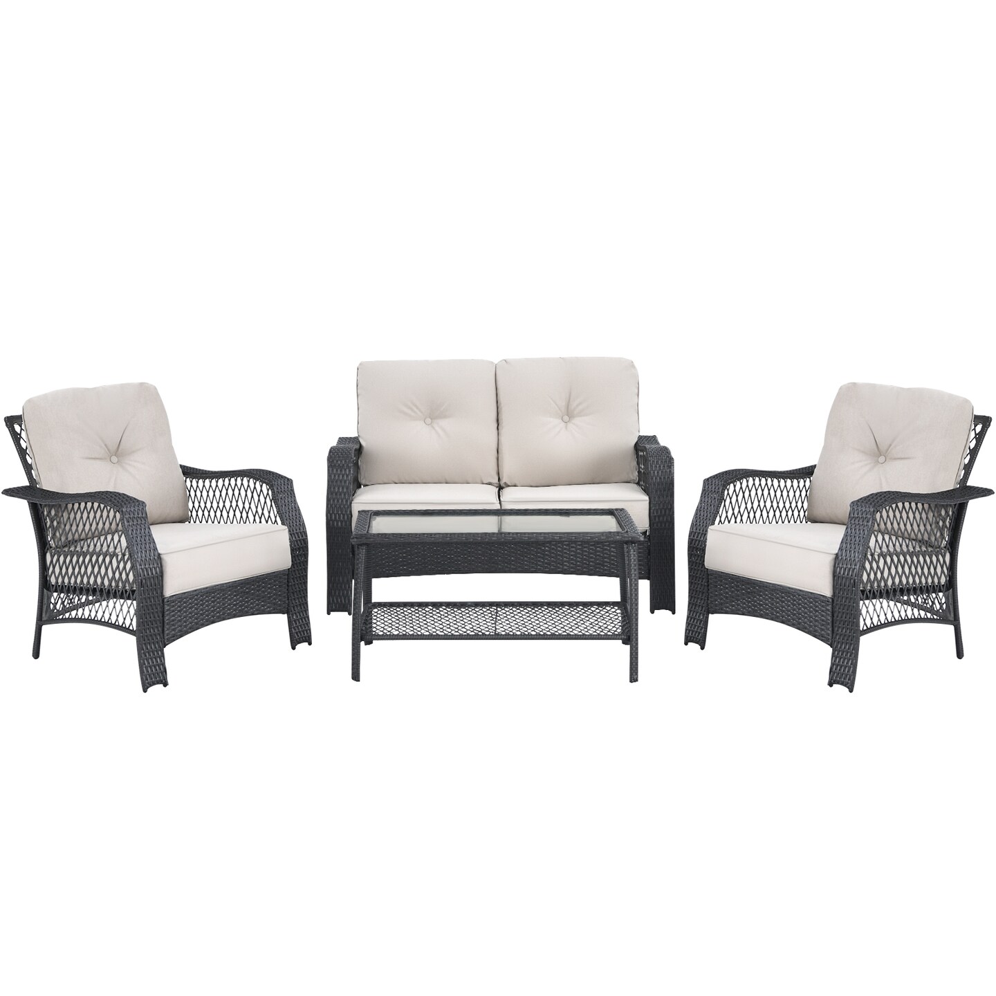 4-Piece Outdoor Rattan Patio Set Black PE Rattan Steel Loveseat 2 Chairs Table