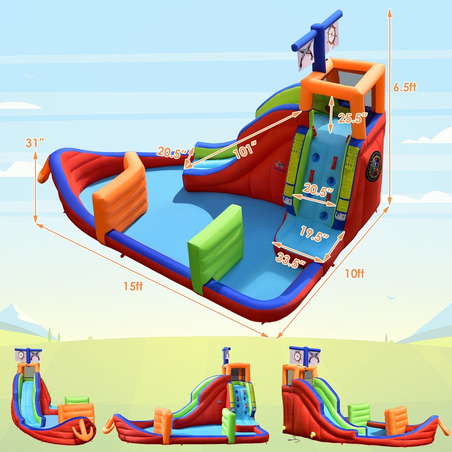 6-in-1 Pirate Ship Waterslide Kid Inflatable Castle with Water Guns