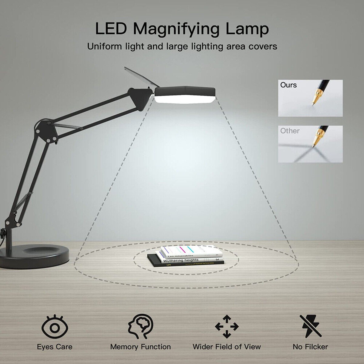 Reading Magnifying Glass Desk Light with Base and Clamp