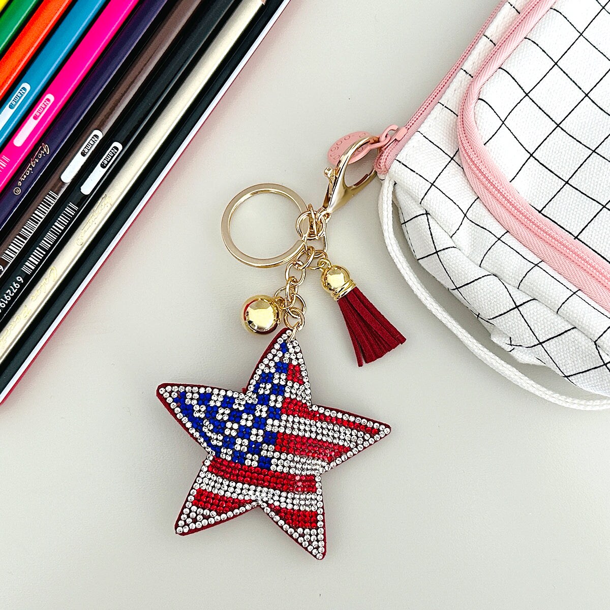 Wrapables Crystal Bling Key Chain Keyring with Tassel Car Purse Handbag Pendant, US Star