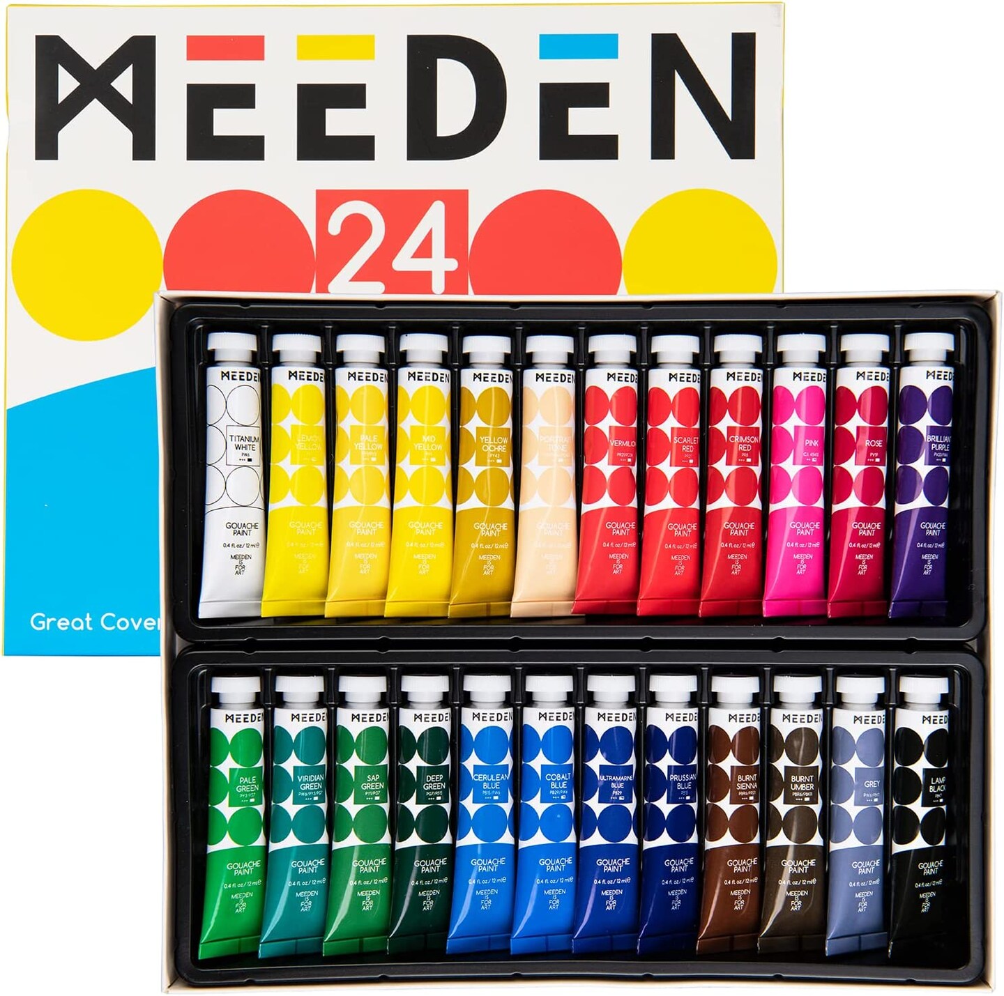 MEEDEN Gouache Paint Set, Non-Toxic 24 x 12ml/0.4oz Water-Based Gouache Tubes Paints for Canvas &#x26; Paper, Art Supplies for Artist, Adults, Kids, Beginners