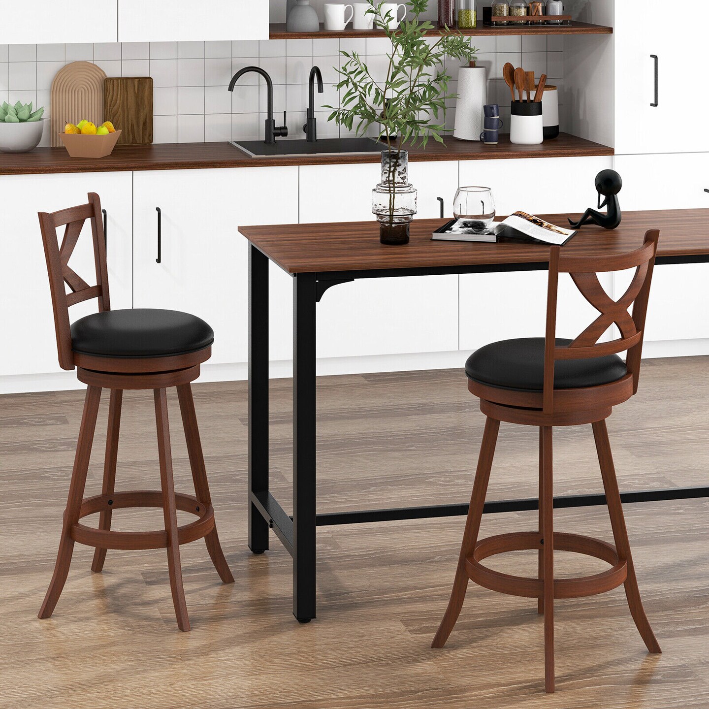 2 Pieces Classic Swivel Bar Stool Set with X-shaped Open Back