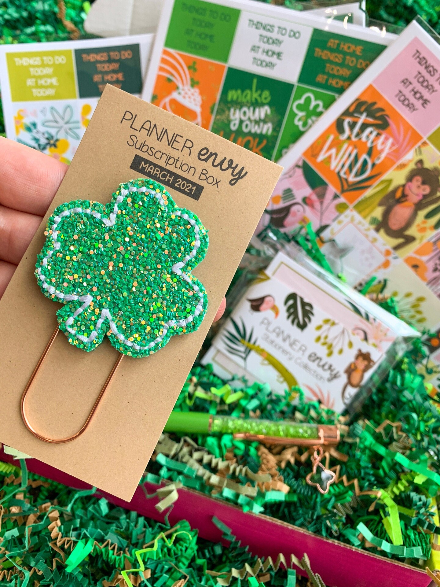 St Patricks Day, Jungle Animals, and Tropical Green Flowers Themed Box Of Planner Stickers &#x26; Accessories (#SUB2021003)
