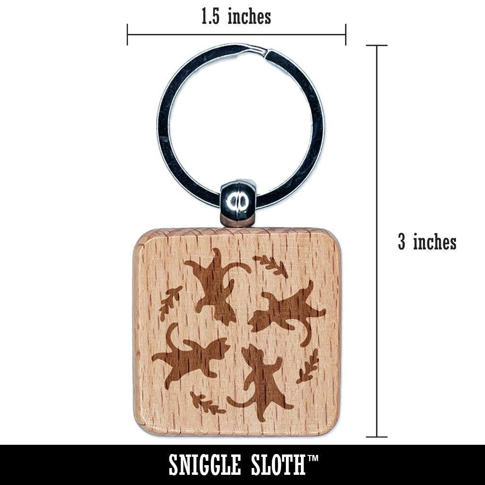 Dancing Walking Cats Pattern Engraved Wood Square Keychain Tag Charm