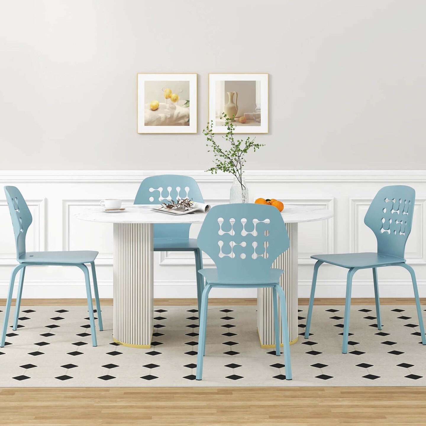Costway Metal Dining Chair Set of 4 Armless Kitchen Hollowed Backrest &#x26; Metal Legs Blue/White