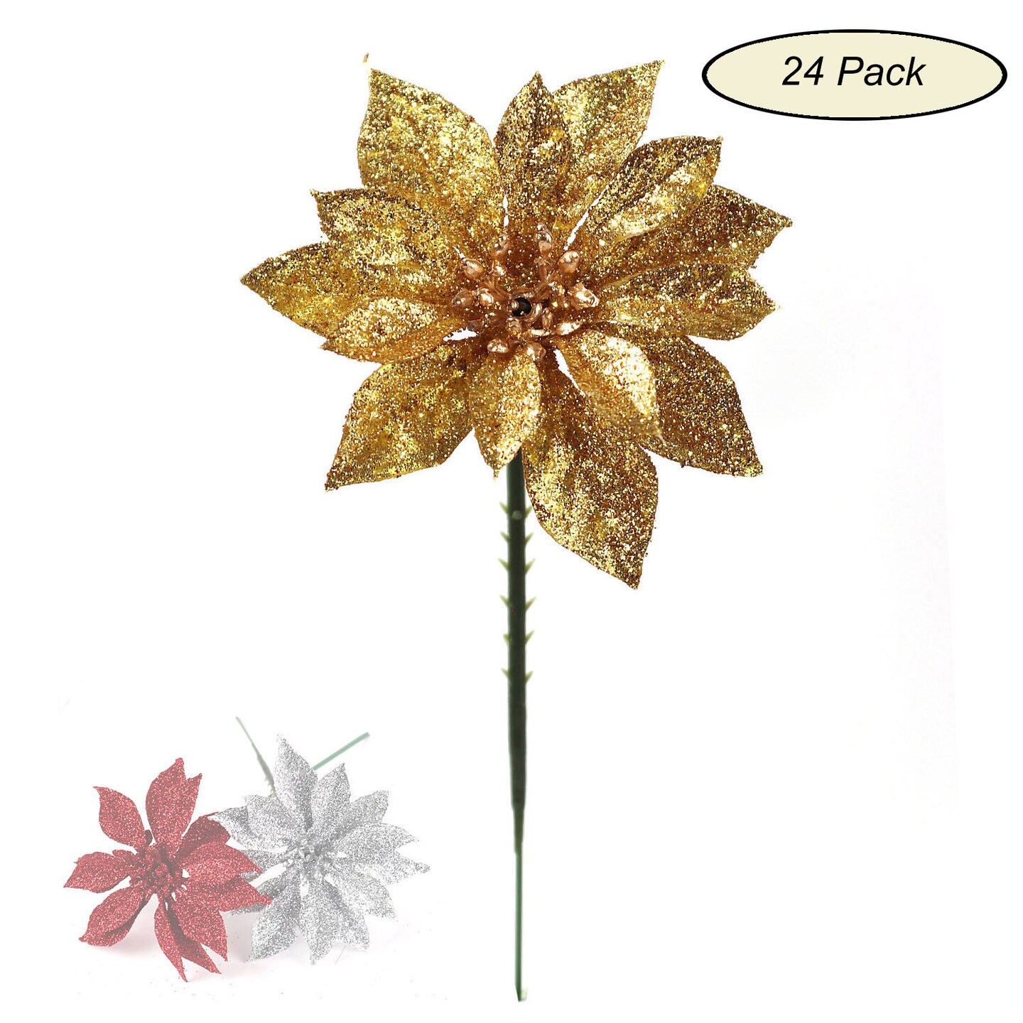 24-Pack Sparkling Gold Glitter Poinsettia Flower Picks, 4-Inch - Craft Supplies for Party, Event, Home &#x26; Office Decor