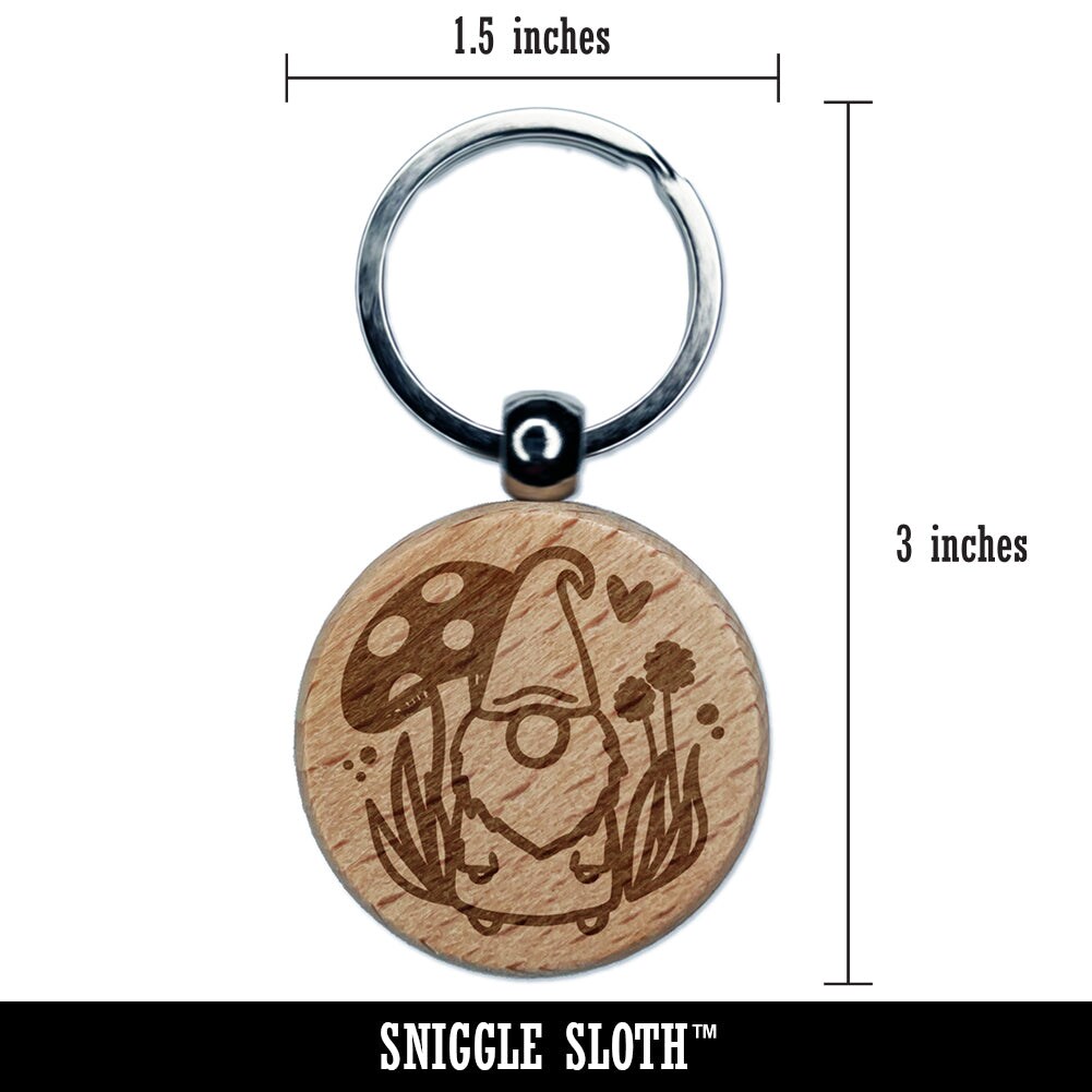 Enchanting Lovable Garden Gnome with Mushrooms Engraved Wood Round Keychain Tag Charm