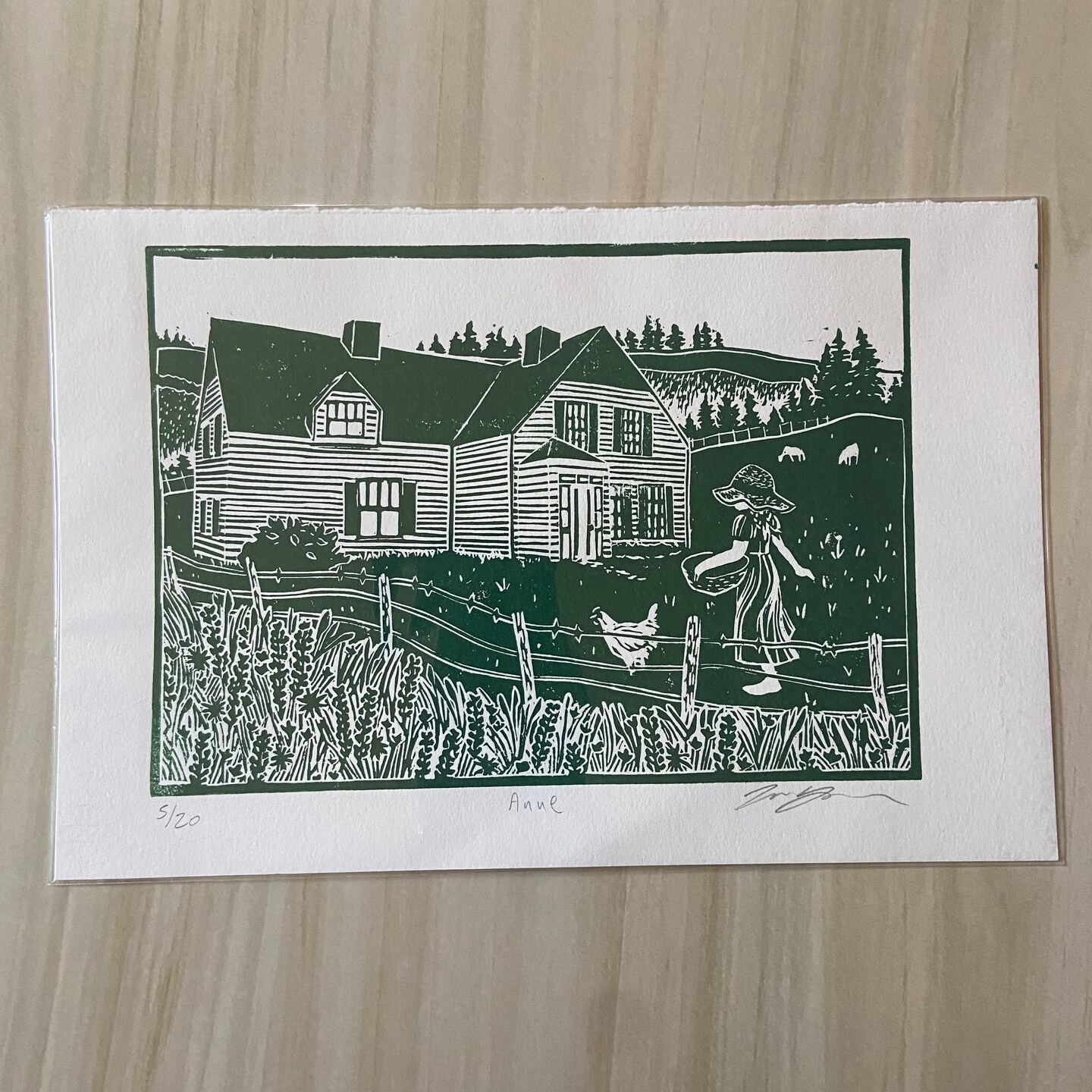 Anne 5x7 Green Linoleum Block Print inspired by Anne of Green Gables