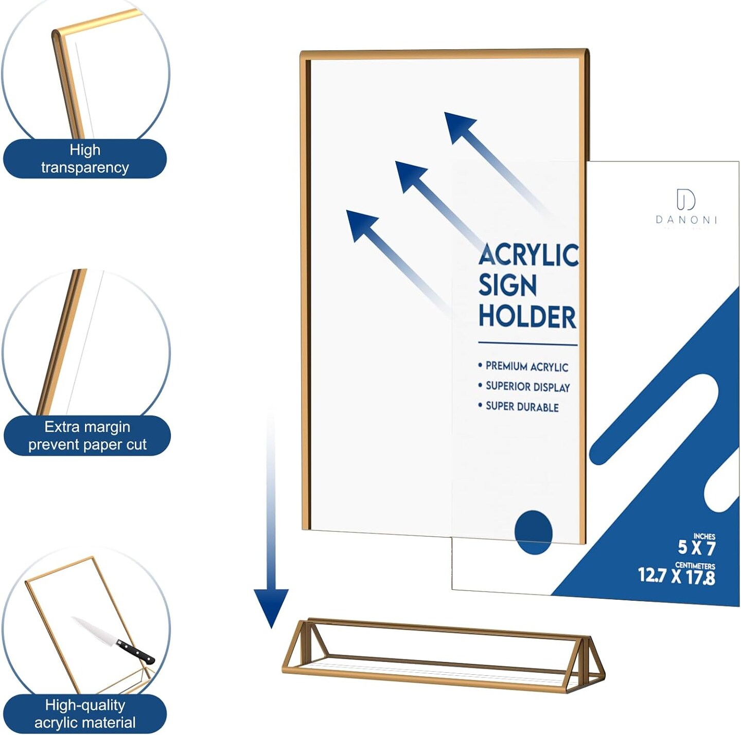 danoni Acrylic Sign Holder, Wedding Table Number Frames with Gold Borders, Double Sided Display for Menu Holders, Clear Paper Stand Display for Party, Festival and Restaurant (6 Pack)