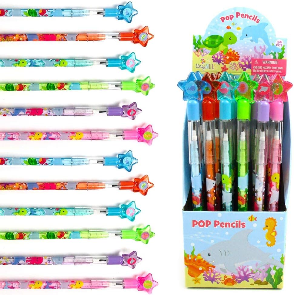 TINYMILLS 24 Pcs Sea Animals Ocean Life Turtles Multi Point Stackable Pencil with Eraser