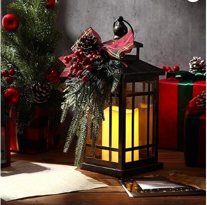 LED Christmas Lantern with Plaid Bow 14" Christmas Candle Lantern Flashing Candle Light Christmas Decorative Lanterns for Xmas Indoor Outdoor Party Decor (Bronze, Black Red Plaid, 2)