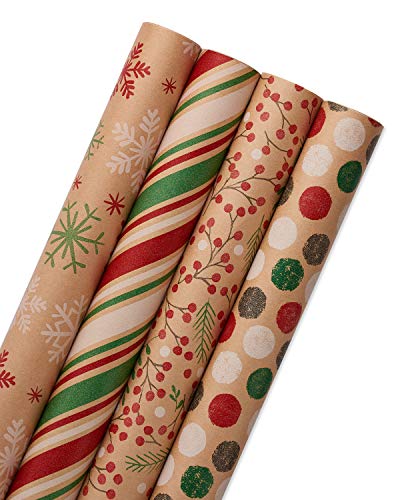 American Greetings 80 sq. ft. Wrapping Paper Bundle for Christmas and All Holidays, Red, Green and Kraft (4 Rolls 30 in. x 8 ft.)