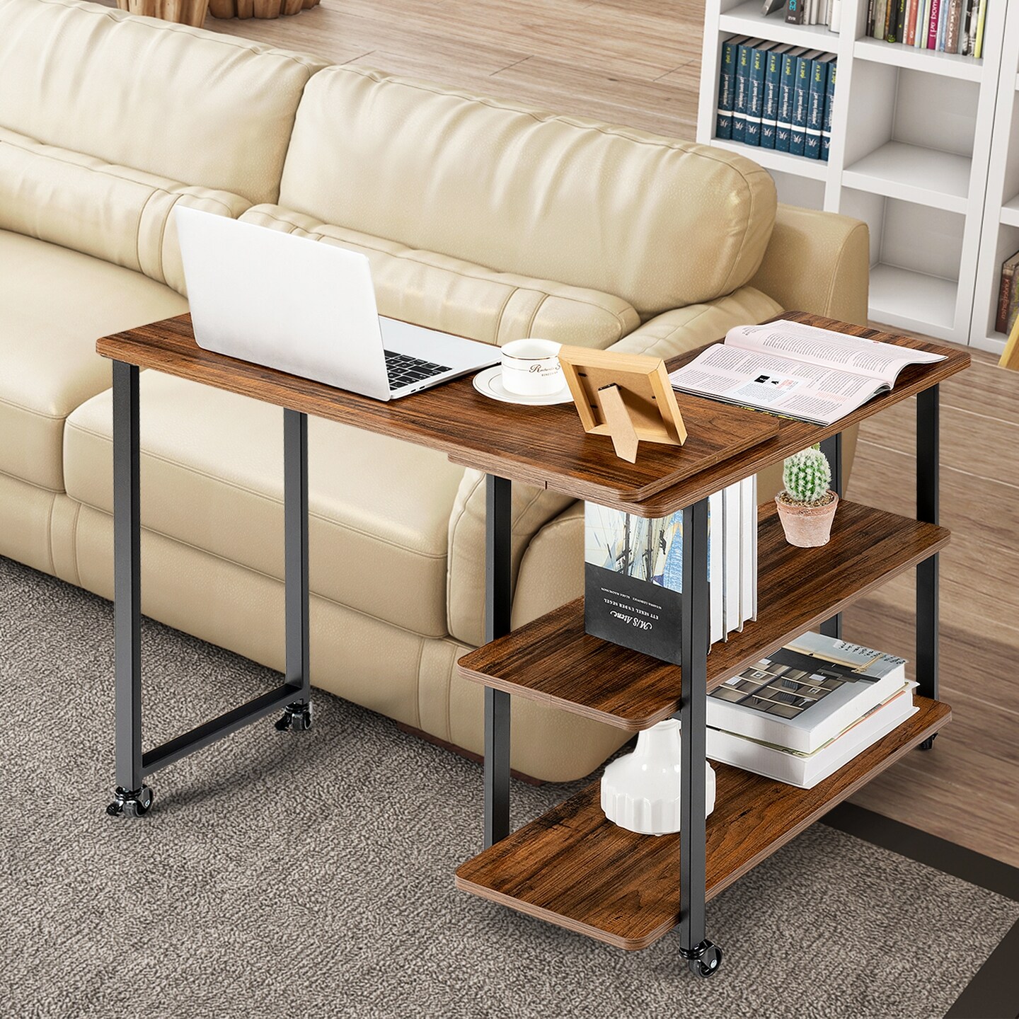 Rotating Sofa Side Table with Wheels Sliding Laptop Desk with Storage Shelves for Small Spaces