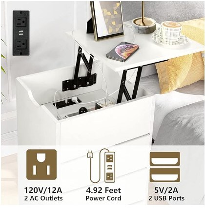 Lift Top Bedside Table/Modern End Table with 2 Drawers for Bedroom Living Room, White