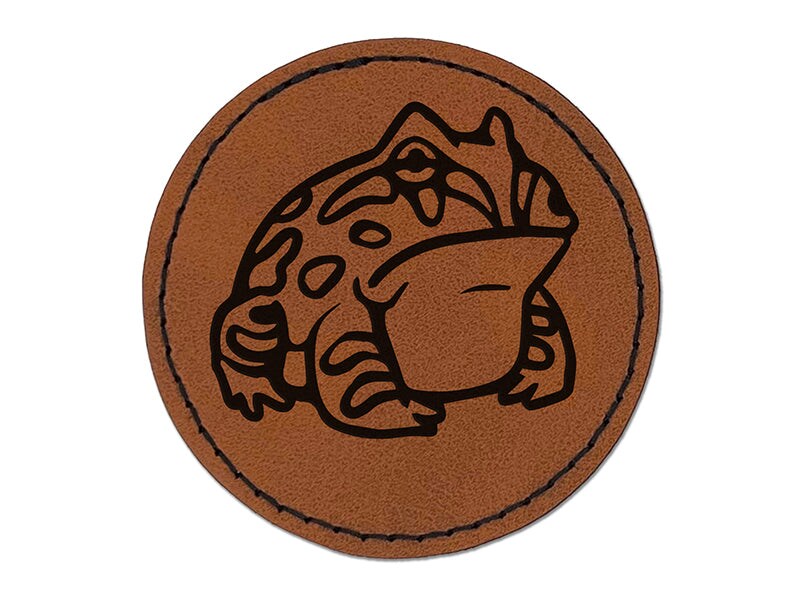 Horned Pacman Frog Amphibian Round Iron-On Engraved Faux Leather Patch Applique - 2.5&#x22;