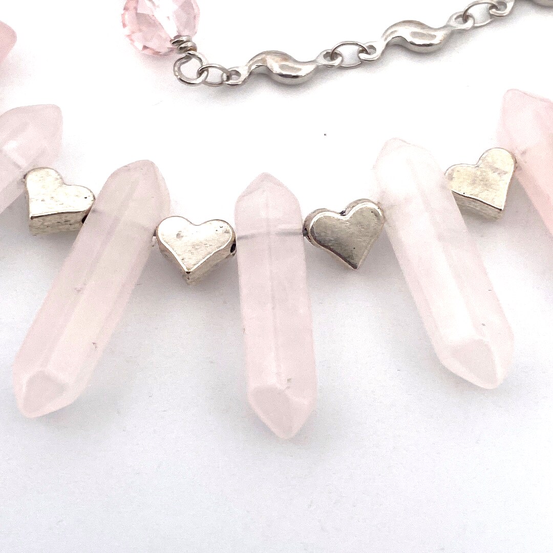 Multi Strand Rose Quartz Point Beaded Necklace, White Gold Plated Heart  Jewelry, Light Pink Crystal, Love Jewelry, Anniversary Gift for Her