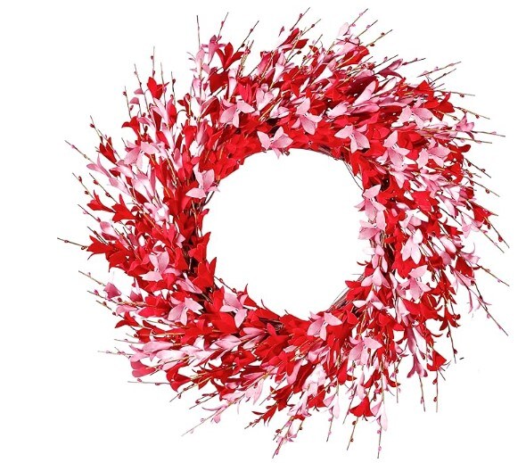 Artificial Pink Forsythia Wreath Spring Summer Fake Foam Flower Handmade Wreath with Pink Red Forsythia for Gifts 20in Valentine&#x27;s Day Wreath Farmhouse Front Door Window Decor Festival