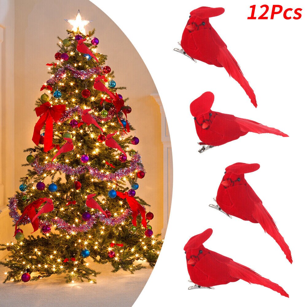 Fake Birds Cardinal Clip On Christmas Tree Decoration 12 pcs