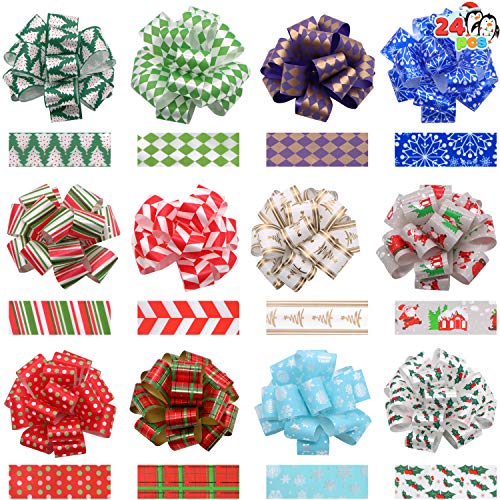 JOYIN 24 Christmas Gift Wrap Ribbon Pull Bows 5", Easy and Fast Gift Wrapping Accessory for Christmas Bows Baskets Wine Bottles Gifts Decoration, Gift Wrapping, Present Decor